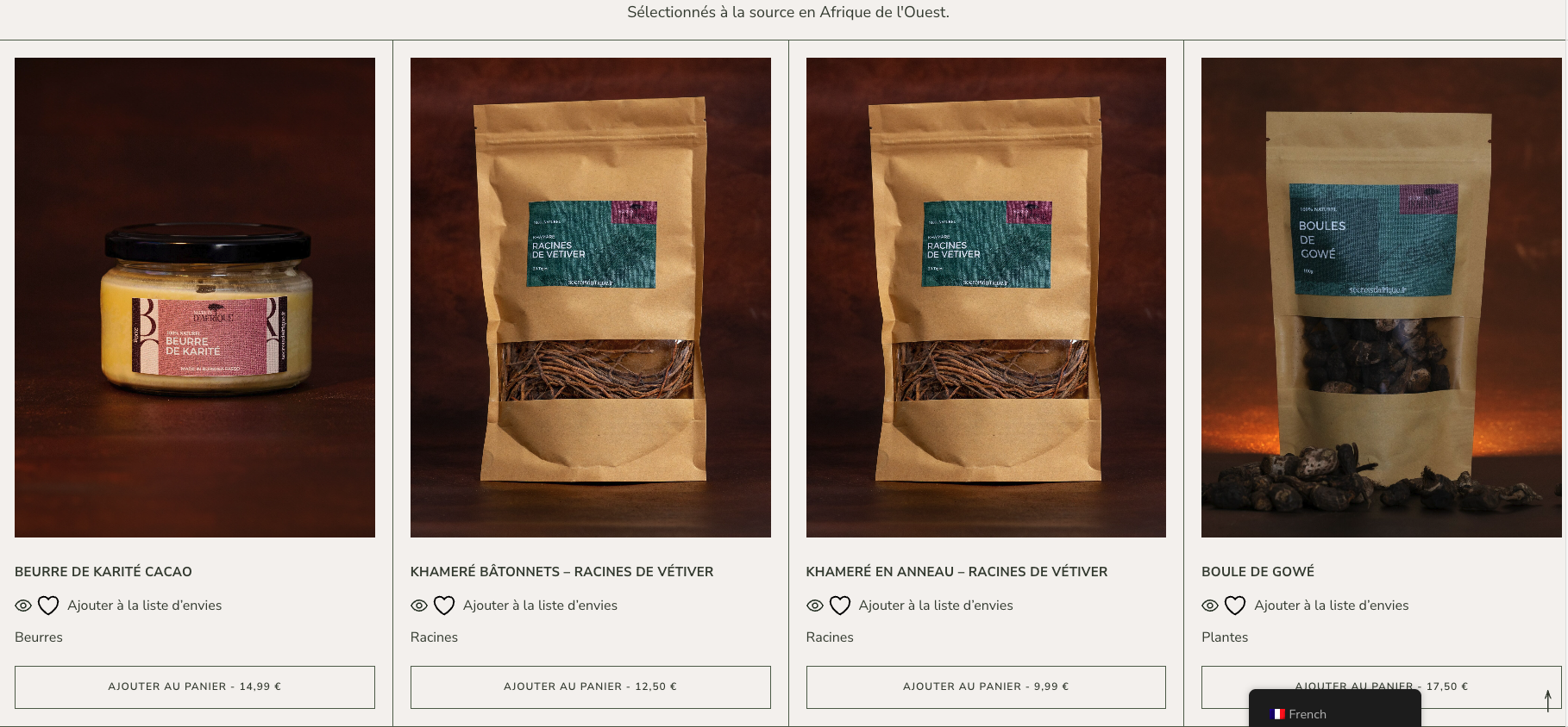 Catalogue WooCommerce Secrets d’Afrique : beurre de karité, racines de vétiver, boules de gowé