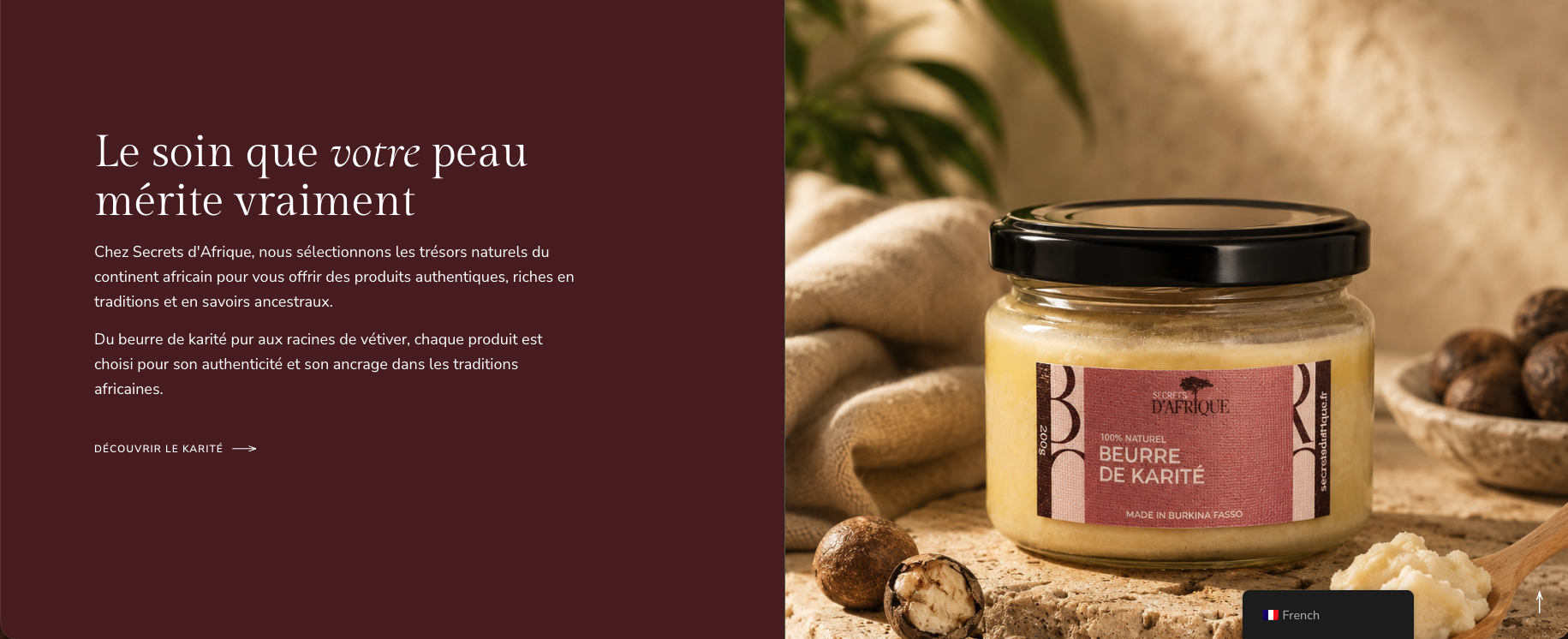 Page d’accueil du site e-commerce Secrets d’Afrique, boutique de cosmétiques naturels africains