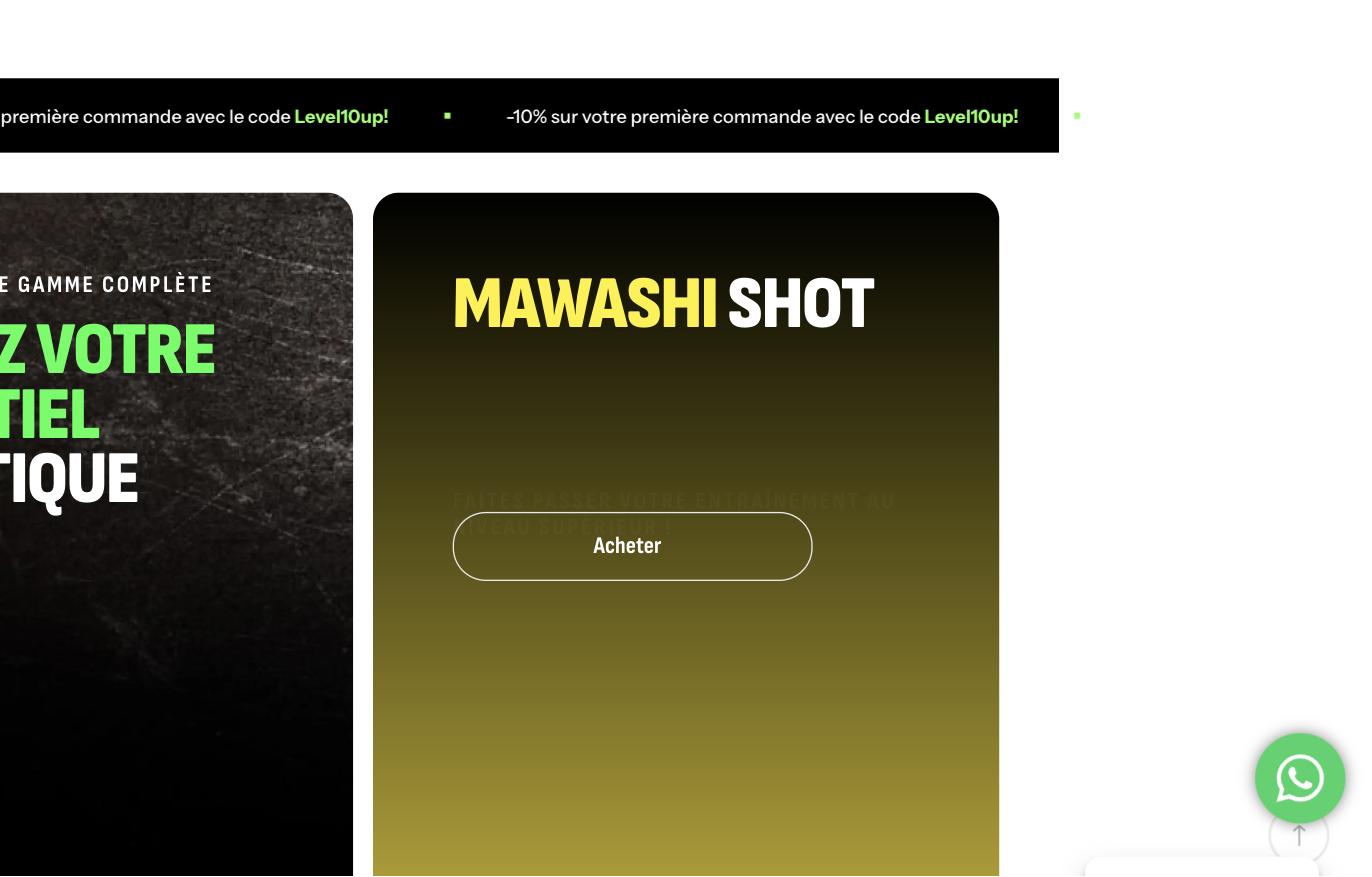 Bannières promotionnelles du site LevelUp Nutrition, gamme complète et produit Mawashi Shot