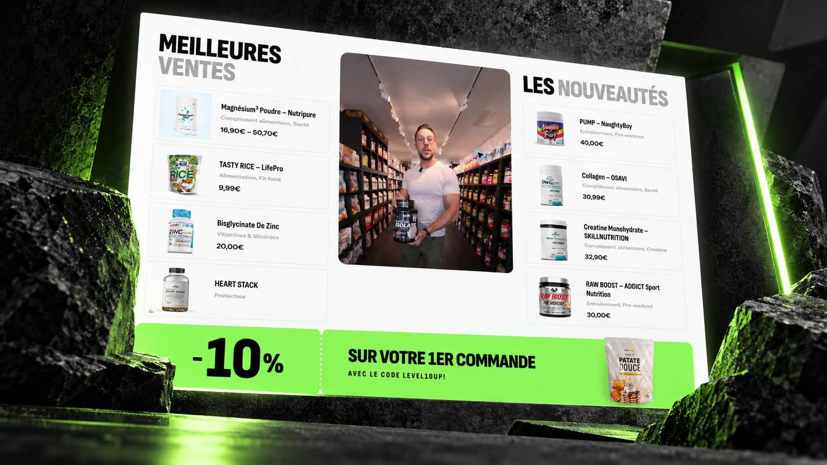 Bannières promotionnelles du site LevelUp Nutrition, gamme complète et produit Mawashi Shot